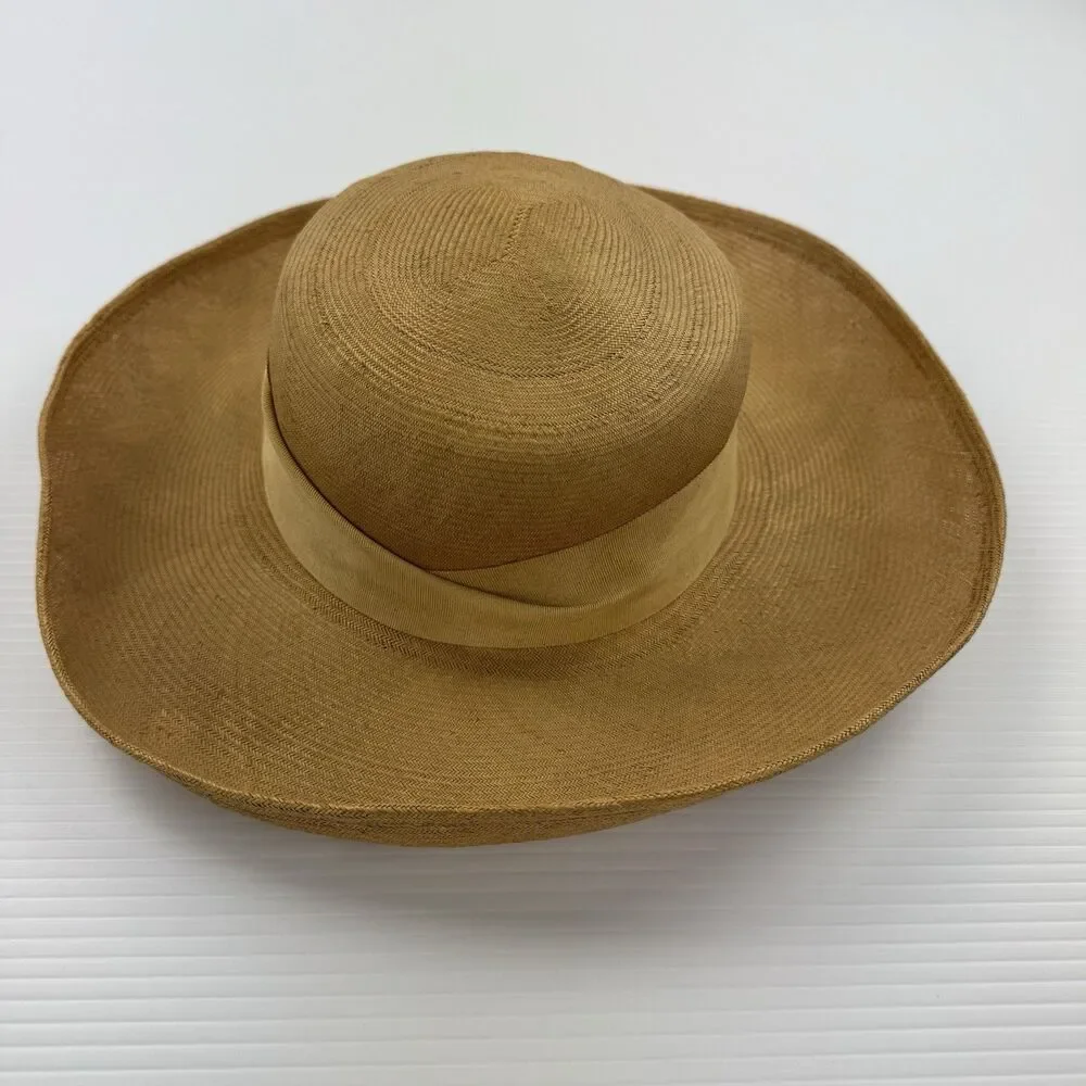 Vintage Frank Olive Straw Wide Brim Hat Floral Brooch Tan